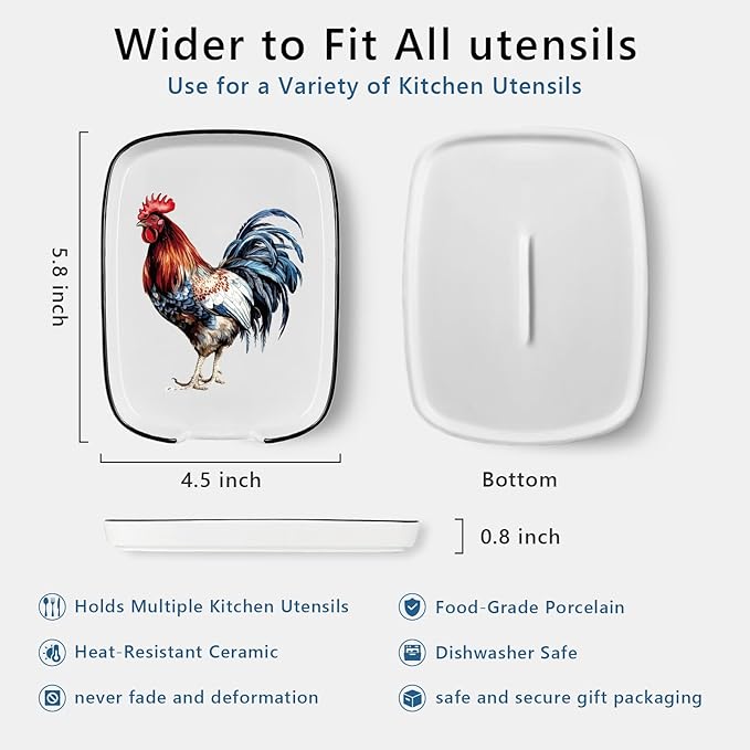 Funny Cute Rooster Ceramic Spoon Rest - Large Heat Resistant Kitchen Utensil Holder for Stove & Countertop - Farmhouse Decor, Chicken Themed Cooking Accessory - Perfect Housewarming Gift ﻿