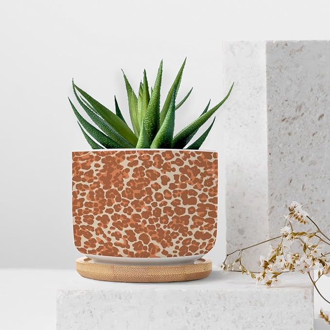 Leopard Orange Light Brown Dot Ceramic Planter African Tribal Animal Print Planters for Indoor Plants with Drainage Holes and Saucers Pot for Home Office Decoration