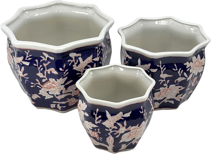 Galt International Blue & Pink Round Fluted Floral Porcelain Ceramic Plant Flower Planter Pot Set of 3 (7.5", 10", 13") Garden Pots Chinese Asian Design