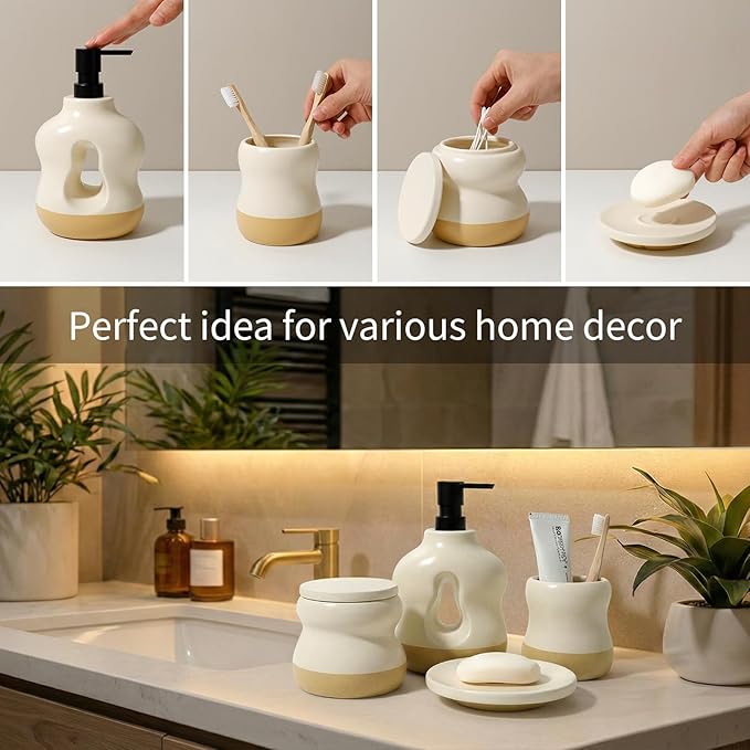 BosilunLife Bathroom Accessories Set of 4 - Beige Bathroom Countet Soap Set Bathroom Decor Bathroom Lotion Soap Dispenser Sets Toothbrush Holder, Soap Dish, Apothecary Jar (Beige with Sand Base)