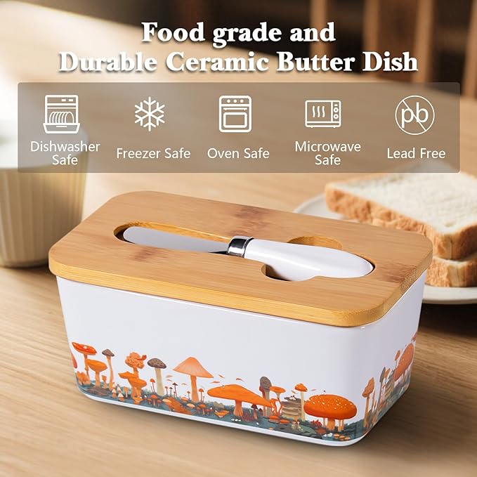 Mushroom Butter Dish with Lid,Large Butter Crock Keeper Saver,Ceramic Butter Container for Countertop with Highly Sealed Silicone Thick Wooden Lid for Kitchen Farmhouse Decor (White, Mushroom)