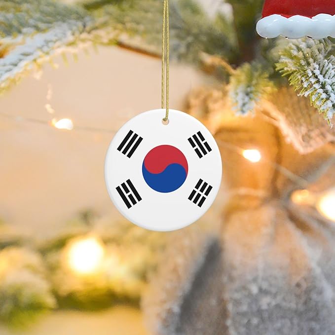 Flag of Republic of Korea Christmas Ornament Round Xmas Ceramic Hanging Ornament for Fireplace Wedding Holiday Party Xmas Decoration Gift