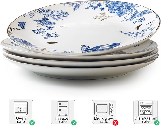 Porcelain Floral Plates 10 Inch Ceramic Salad Plates Kitchen Plates Set of 4 Blue and White Dinner Plates, Pasta Plate for Appetizer, Dessert,Party,Housewarming,Gift