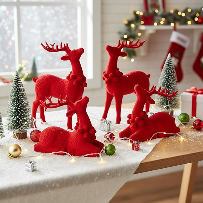 Wesiti 4 Pcs Christmas Reindeer Decor Small Artificial Red Flocked Ceramic Standing Sitting Reindeer Figurine Mini Deer Christmas Tabletop Decoration for Xmas Holiday Indoor Rustic Statue Table Decor