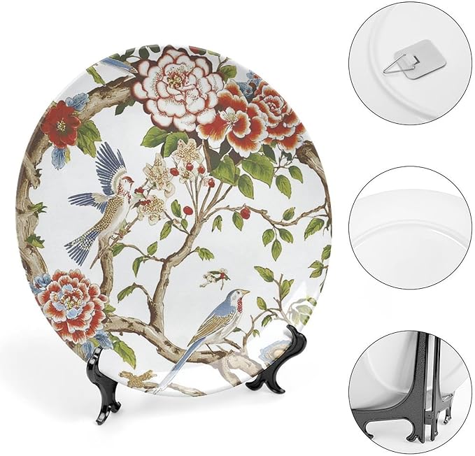 Chinoiserie Tree Peony Bird Floral Fashion Plates, Custom Coral Turquois Flowers And Birds Ceramic Craft for Decorative Ornaments, Display Farmhouse Decorations Wedding, with Vertical Stand