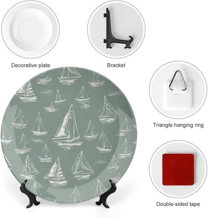 Personalized Gifts Plates Ceramic, Sail Boats Nautical Teal Dinner Plates Table Including Bracket And Special Hook, Antique Decor for Wedding Art Decoration Festival, 6", 7", 8", 10"