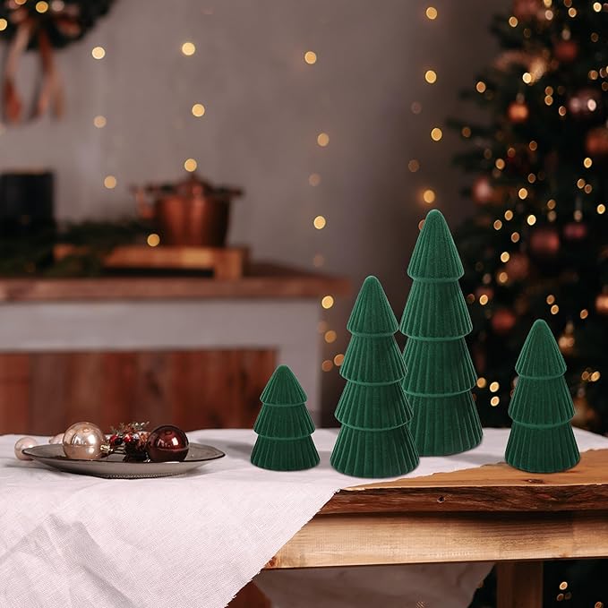 Aneco 4 Pack Velvet Ceramic Christmas Tree Christmas Indoor Decorations Modern Cone Xmas Tabletop Decor for Home Entryway Table Mantel Centerpiece Winter Holiday Party Supplies, Green