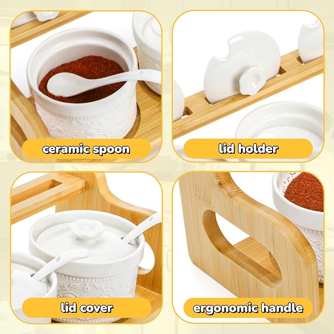 10 Pack Sauce Serving Dish, 5 Oz Ceramic Chip Dip Sauce Bowls with Spoons Lids for Party, 3 Condiment Seasoning Jars with Bamboo Tray for Snacks, Appetizers, Sauces