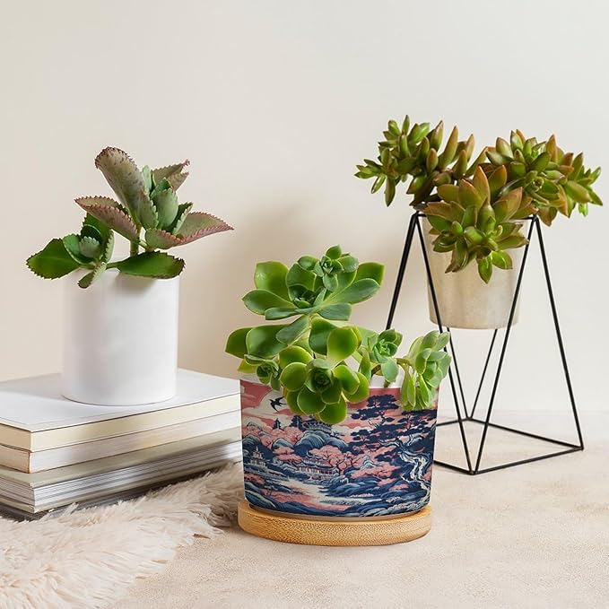 Pink Blue Chinoiserie Ceramic Planters Coral Chinoiserie Chic Asian Flower Pots for Indoor Plants with Drainage Holes and Saucers Pot for Pots Outdoor Indoor Plants