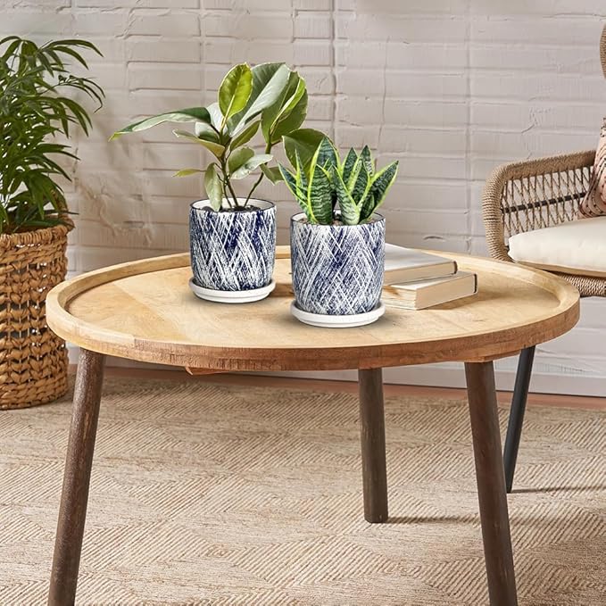 Blue Indoor Plant Pot Set, 5+6inch Ceramic Planter with Drainage Hole and Tray, Succulent Flower Orchid Greenery Planter, Round Plant Pots for Home Desktop Office Windowsill Decoration