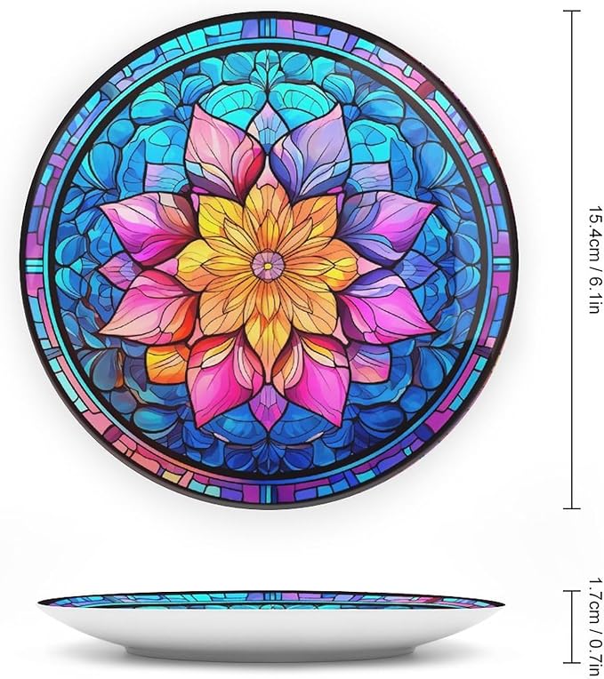 Decorative Plates for Wall Hanging, Boho Flower Stained Glass Design Ceramic Plate w/Display Stand, Home Decor for Kitchen Cabinets, Farmhouse Round Tray 6 Inch, Gift for Family Friends
