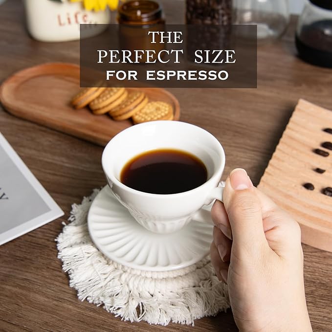 4 oz White Espresso Cups Set of 2, Ceramic Cappuccino Cups with Saucers, Durable Porcelain Tea Set & Modern Coffee Cup Collection, Coffee Lover Gifts