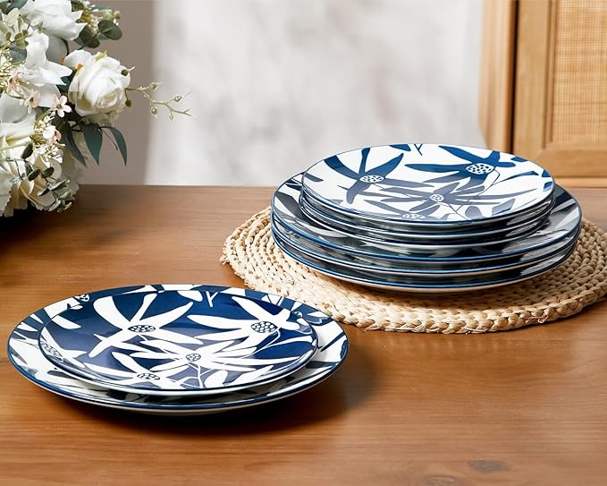 ONEMORE Dinner Plates Set of 4, 10.5 Inch Porcelain Plate, Blue and White Salad Dessert Plates, Microwave & Dishwasher Safe Scratch Resistant Large Serving Dish Plate
