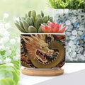 Antique Chinoiserie Dragon Ceramics Pots for Plants Set of 3 Dragon Gold Oriental Style Asian Flower Pot Planter with Drainage Bamboo Trays Chinoiserie Small Ceramics Plant Pot