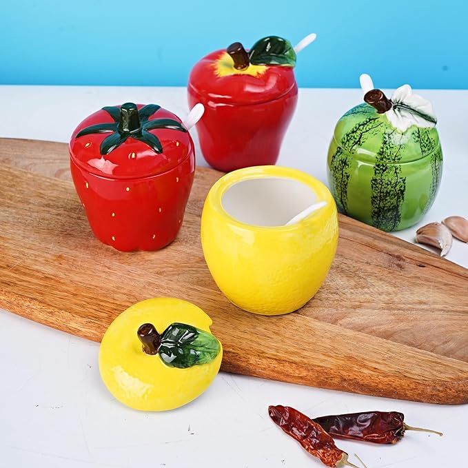 Hand-painted Ceramic Fruit Shape Sugar Bowl Spice Jar Seasoning Pot with Lid Spoon (Strawberry)