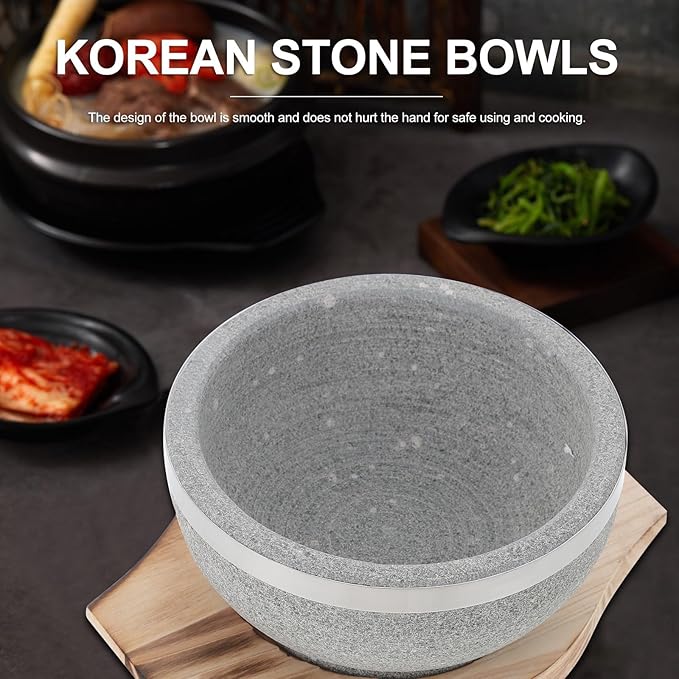 Stone Bowl with Wood Base 14cm Korean Stone Pot for Bibimbap Soup Rice Serving Traditional Asian Soup Bowl for Home Kitchen