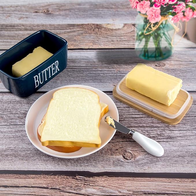 Hasense Ceramic Butter Dish, Large Butter Dish with Lid for Countertop, Farmhouse Butter Holder for Refrigerator, Airtight Butter Container with Cover,Blue