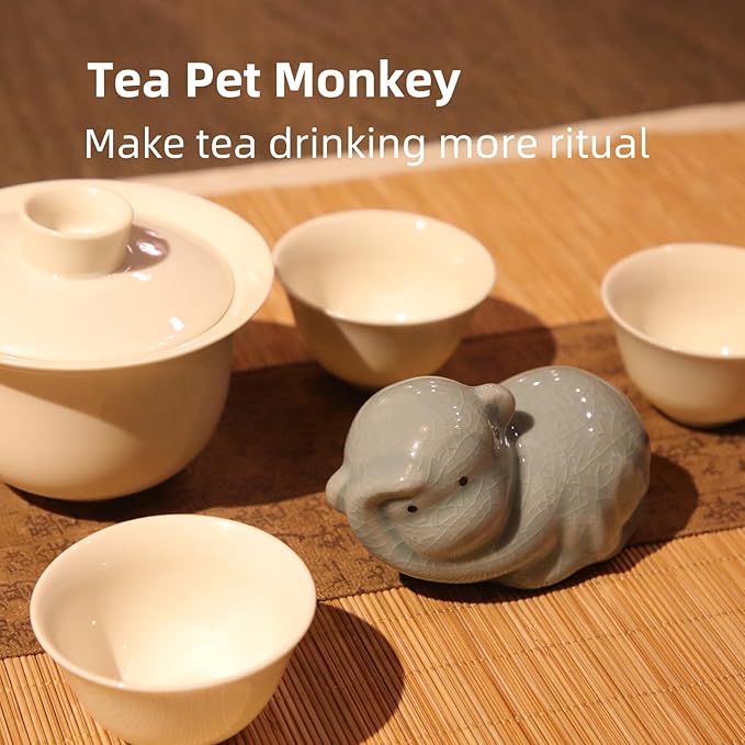 12 Chinese Zodiac Tea Pet, Unique Crackle Ru Porcelain, Traditional Chinese Cultural Tea Accessory, Asian Home & Office Decor, Gift for Tea Lovers & Anniversaries (Monkey 1pc)