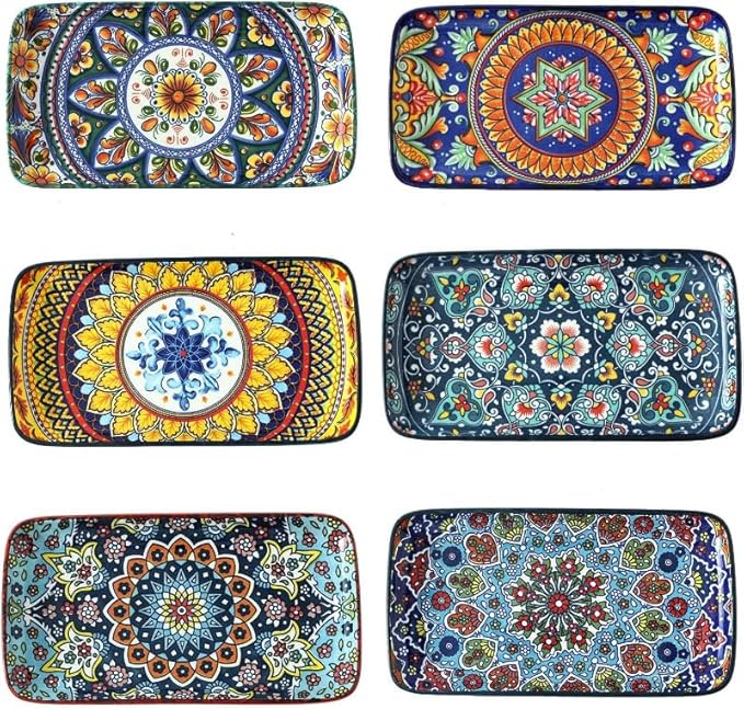 glowworm Porcelain Appetizer Plates Set of 6, 8.5 Inch Salad Plates for Sushi, Dessert, Rectangular Serving Platters, Serving Tray for Party, Kitchen, Microwave & Oven Safe, Bohemian