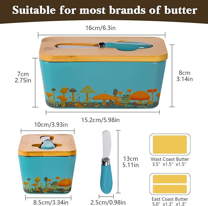 Mushroom Butter Dish with Lid,Large Butter Crock Keeper Saver,Ceramic Butter Container for Countertop with Highly Sealed Silicone Thick Wooden Lid for Kitchen Farmhouse Decor (Thin Blue, Mushroom)