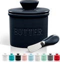 Zulay Kitchen Bell Shaped Butter Crock with Lid for Countertop with Water Line & Spreader Knife, Ceramic French Butter Dish Keeper For Fresh, Soft & Spreadable Butter - Midnight Blue