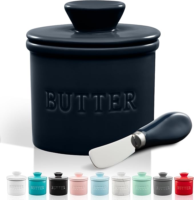 Zulay Kitchen Bell Shaped Butter Crock with Lid for Countertop with Water Line & Spreader Knife, Ceramic French Butter Dish Keeper For Fresh, Soft & Spreadable Butter - Midnight Blue