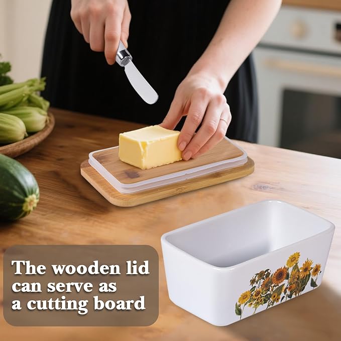 Sunflower Butter Dish with Lid,Large Butter Crock Keeper Saver,Ceramic Butter Container for Countertop with Highly Sealed Silicone Thick Wooden Lid for Kitchen Farmhouse Decor (White, Sunflower)