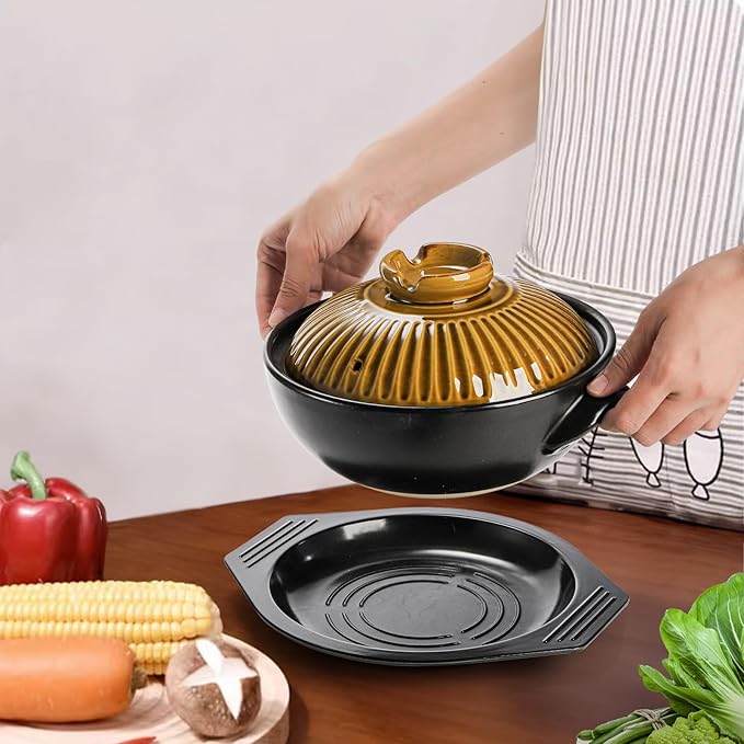 Okllen Large Korean Ceramic Bowl with Lid and Platter, 54 oz Clay Pot for Cooking, Sizzling Hot Pot for Dolsot Bibimbap, Soup, Casserole, Rice, Stew, Noodle