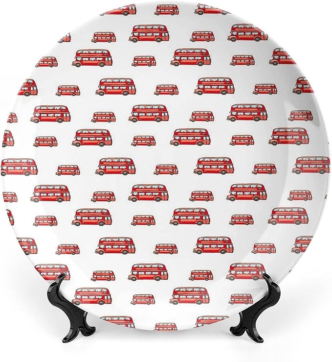 8 Inch Decorative Plate, London Ceramic Stoneware, Funny Cute Kids Toy Double Decker Bus Cartoon Print Ornament Display Plate for Dining Table Setting, Wedding Reception Decor, Christmas Tablescape