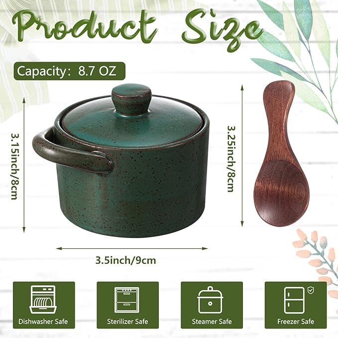 Honeydak Speckled Ceramic Salt Cellar with Lid and Wooden Spoon, Rustic Farmhouse Salt Pepper Cellar for Valentines Day,Housewarming Gift, Heavyweight Spices Container (Green,2 Set)
