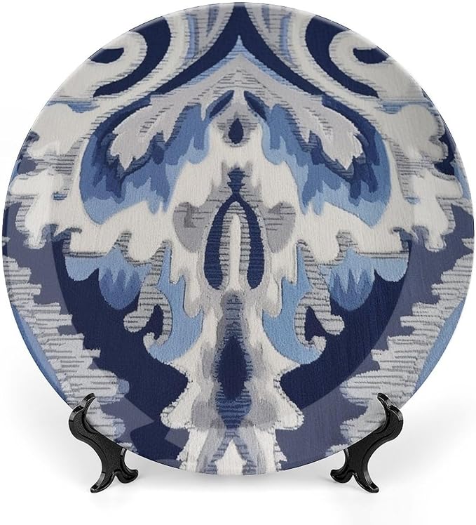 Navy Blue Grey Ikat Plates Ceramic of 6", 7", 9", 10", Personalized Ceramic Ornaments Dessert Plates, Wedding Home Decorations Office, with Display Stand And Hook Up