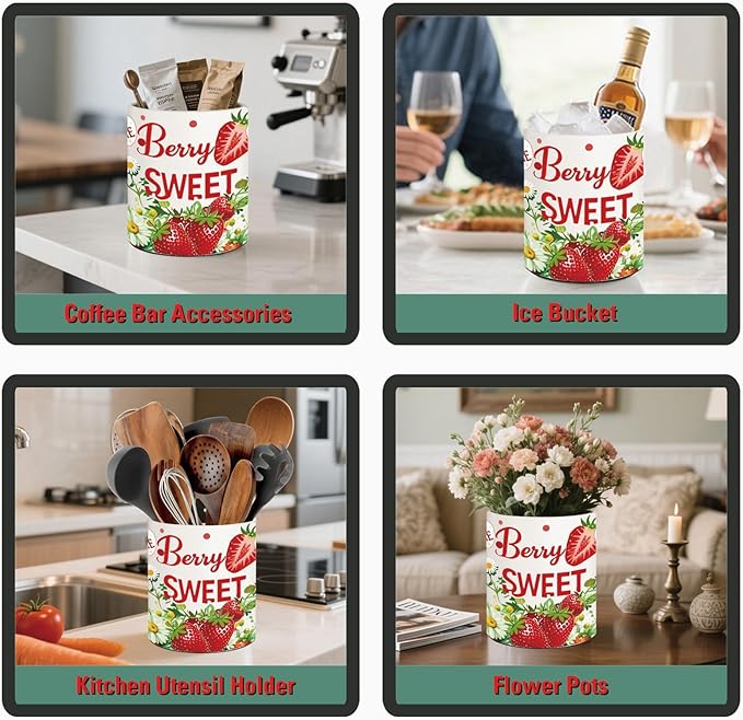 Strawberry Kitchen Decor, 6.5inch Ceramic Utensil Holder with Strawberry Design, Rustic-Style Indoor Kitchen Utensil Storage Rack, Ideal for Spoon Storage and Cooking Tools, Gift for Kitchen Organizer