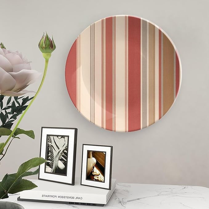 Home Decorations China Plates, Thibaut Coral Orange And White Stripes Customize Christmas Gifts Ceramic Dinner Plates for Table Housewarming Gifts Farmhouse Decor, with Vertical Stand