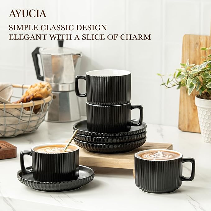 8 Ounce Cappuccino Cups Set of 4, Latte Mugs with Saucers and Spoons, Black Ceramic Coffee Mugs Tea Cups for Cappuccino Latte Mocha Au Lait Macchiato Cafe