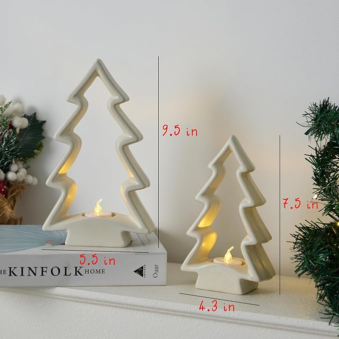 2 Pack White Ceramic Christmas Trees with LED Tea Lights & Remote, Farmhouse Christmas Decorations Indoor for Tabletop Mantel Shelves Holiday Decor (Large 9.5" H, Small 7.5" H)