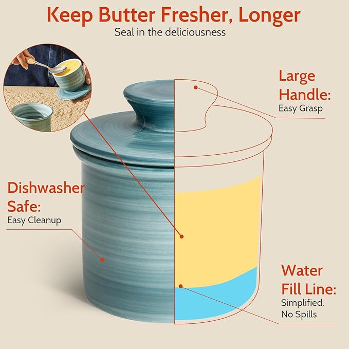 Sweese Hand-Painted Butter Crock with Lid – Vintage-Inspired Butter Keeper for Countertop Use, Unique Artistic Design, Dishwasher & Microwave Safe