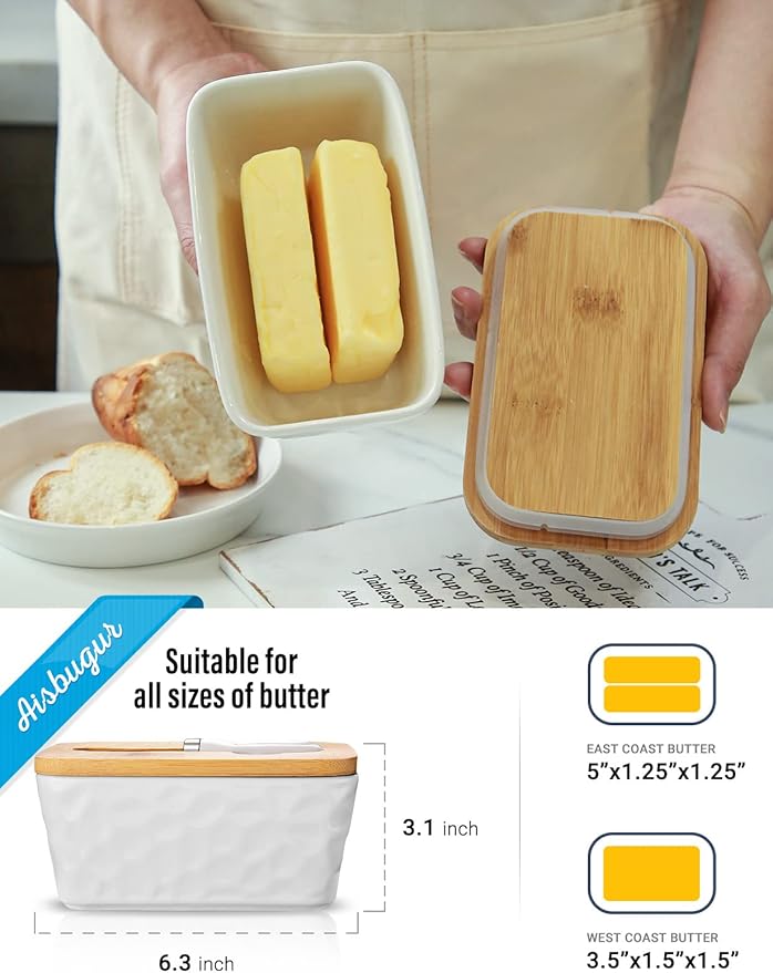 Butter Dish with Lid: Large Butter Dish for Countertop - Ceramic Butter Container with Knife Double Silicone Seal - Unique Stone Butter Dishes with Covers for Farmhouse Kitchen Decor Home Decor White