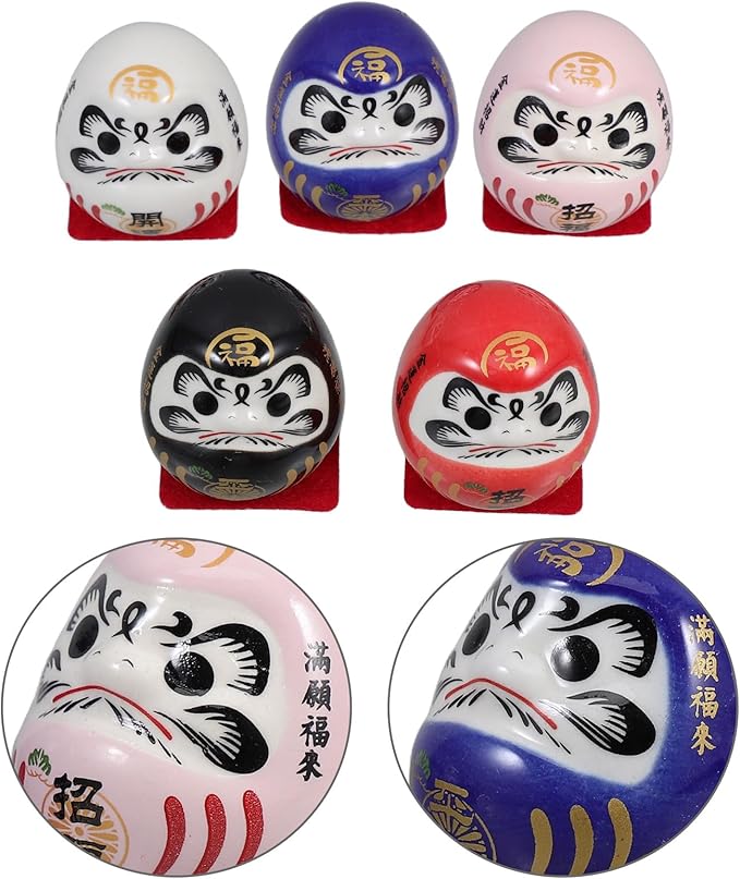 5pcs Japanese Ceramic Lucky Dolls Miniature Figurines Small Dashboard Statues for Car and Home Decoration 4.7cm Sculptures Asian Collectible Ornaments
