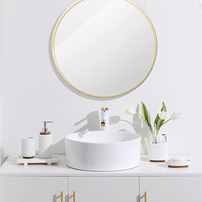 Elegant 4 PCS Ceramic&Wood Bathroom Accessories Set:Soap Dispenser,Toothbrush Holder,Tumbler,Soap Dish,Easy to Clean,Quatrefoil Pattern,White-Affordable Luxury for Home Decor Enthusiasts