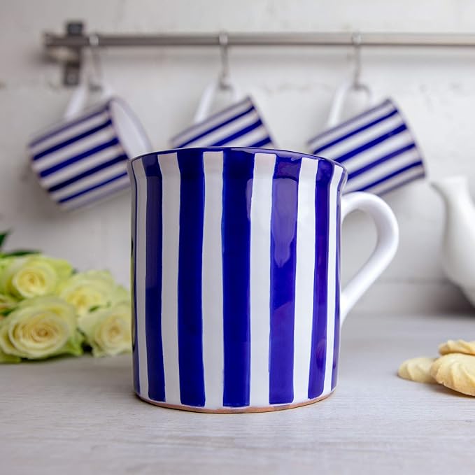 City to Cottage Handmade Dark Navy Blue Stripe Ceramic Extra Large 17.5oz/500ml | Hot Chocolate, Coffee, Tea Mug, Cup with Handle Unique Designer Pottery for Tea Lovers