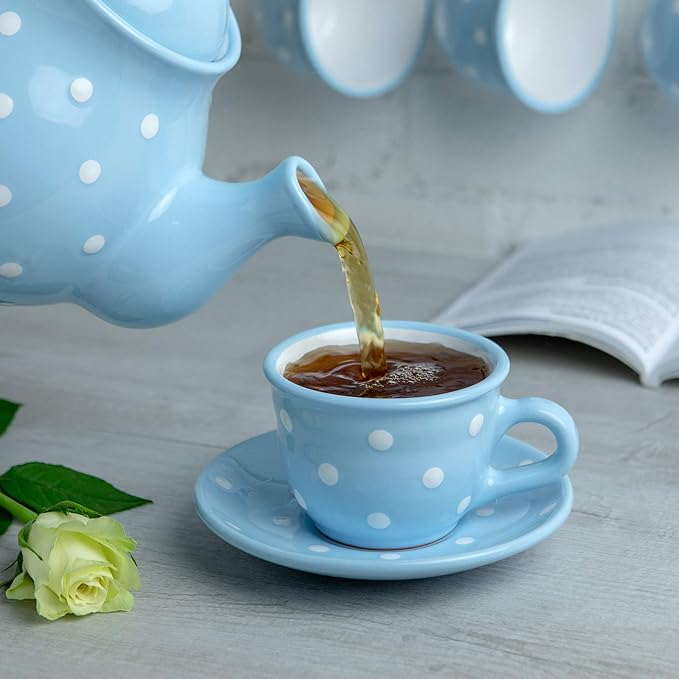 City to Cottage Handmade Light Sky Blue and White Polka Dot Ceramic 8.4oz/250ml | Cappuccino, Coffee, Tea Cup and Saucer, Unique Designer Pottery Gift for Tea Lovers