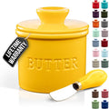 Zulay Kitchen Bell Shaped Butter Crock with Lid for Countertop with Water Line & Spreader Knife, Ceramic French Butter Dish Keeper For Fresh, Soft & Spreadable Butter - Yellow