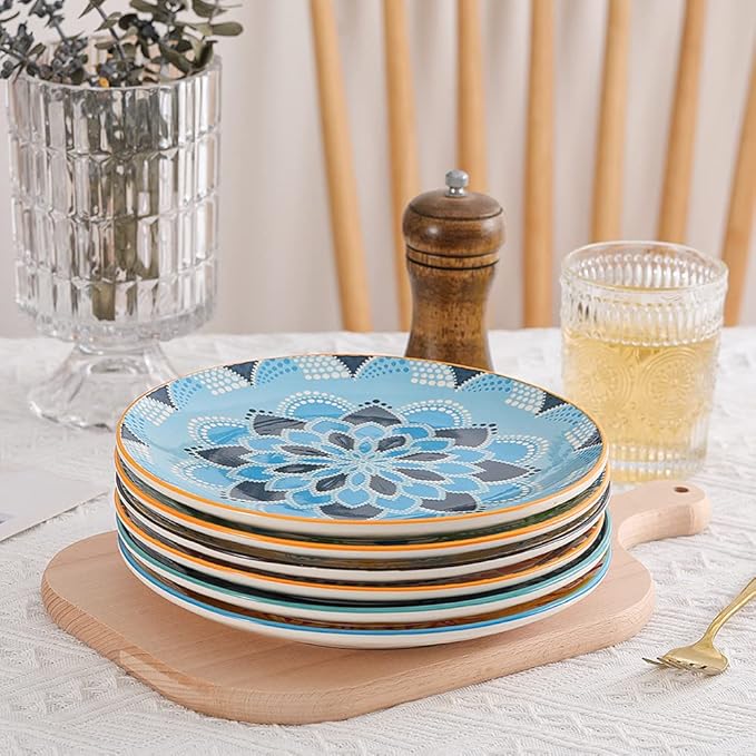 Dessert Plate Set of 6-8 Inch Ceramic Salad and Appetizer Plates - Vibrant Mix-and-Match Colors - Dishwasher and Microwave Safe