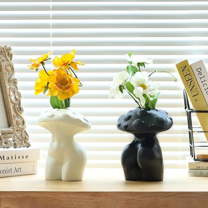 GUGUGO Mushroom Lady Body Vase for Flower, Funky Mushroom Decor, Eclectic Lady Form Butt Vases for Flowers, Unique Cute Face Head Room Decor Aesthetic for Modern Home, Gradient Head & Bronze Body