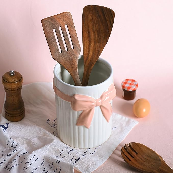 SOCOSY White Ceramic with Pink Bow-knot Kitchen Utensil Holder For Countertop, Large Cooking Utensil Crock Holder Spatula Holder