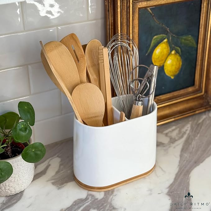 DAILY RITMO® White Large Oval Utensil Holder with Bamboo Wooden Base