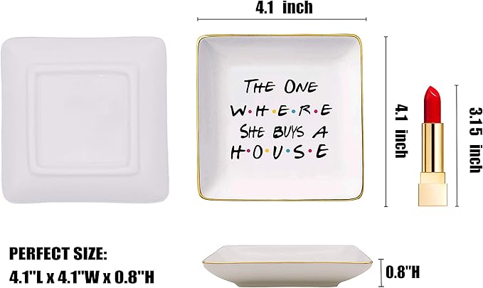 Topthink The One Where She Buys A House - New Home Owner Gift - Housewarming Gifts for Women - New Homeowners Gift - First Home - Ceramic Jewelry Holder Ring Dish Trinket Box Tray - Friends TV Show