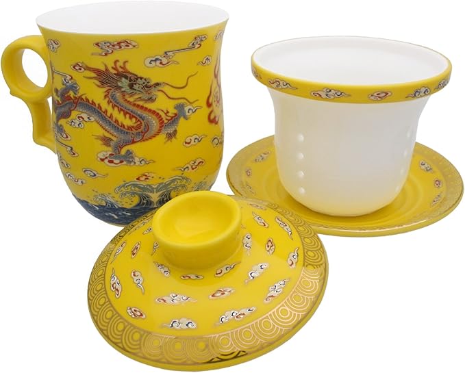 Porcelain Tea Cup with Infuser Lid and Saucer Sets - Chinese Jingdezhen Ceramics Coffee Mug Teacup Loose Leaf Tea Brewing System for Home Office