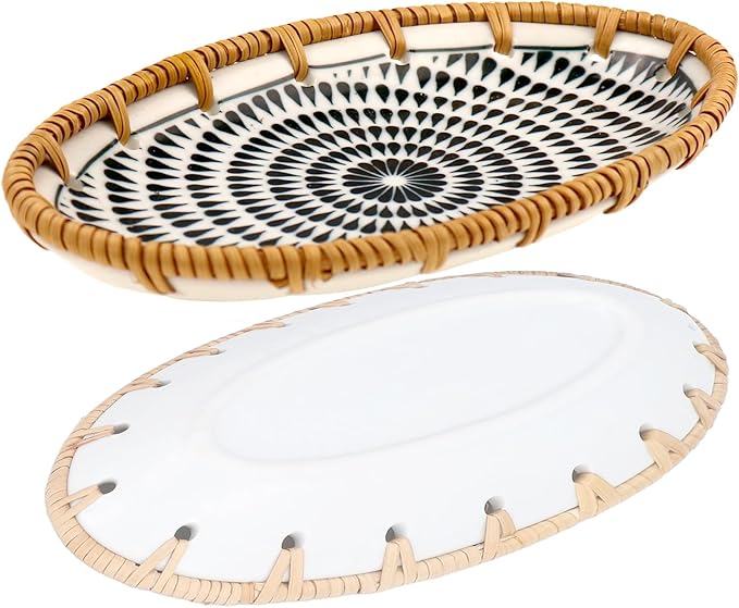 Rattan Ceramic Tray, Oval Fruit/Bread/Cookie/Jewelry Small Storage Porcelain Serving Plate, Vintage Decorative Display Plate for Coffee Table Home Decor Wedding Party Gift (Black Water Drop)