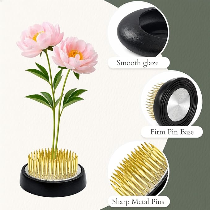 Japanese Flower Frog Vase Set – Minimalist Black Ceramic Flower Vase with Flower Frog, Modern Flower Arrangement Pot for Living Room Decor & Art Supplies, Gift Box for Flower Lover